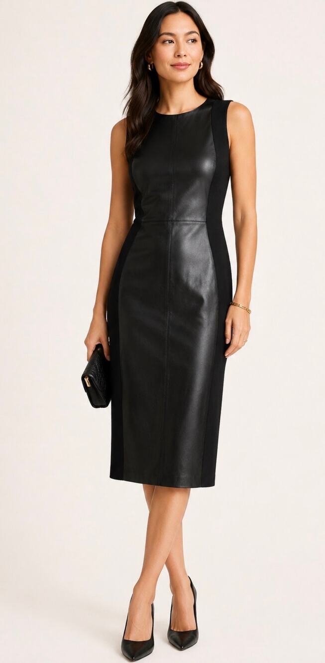 Ann Taylor Black Faux Leather Panel Sleeveless Sheath Midi Dress Back Zip Size 8